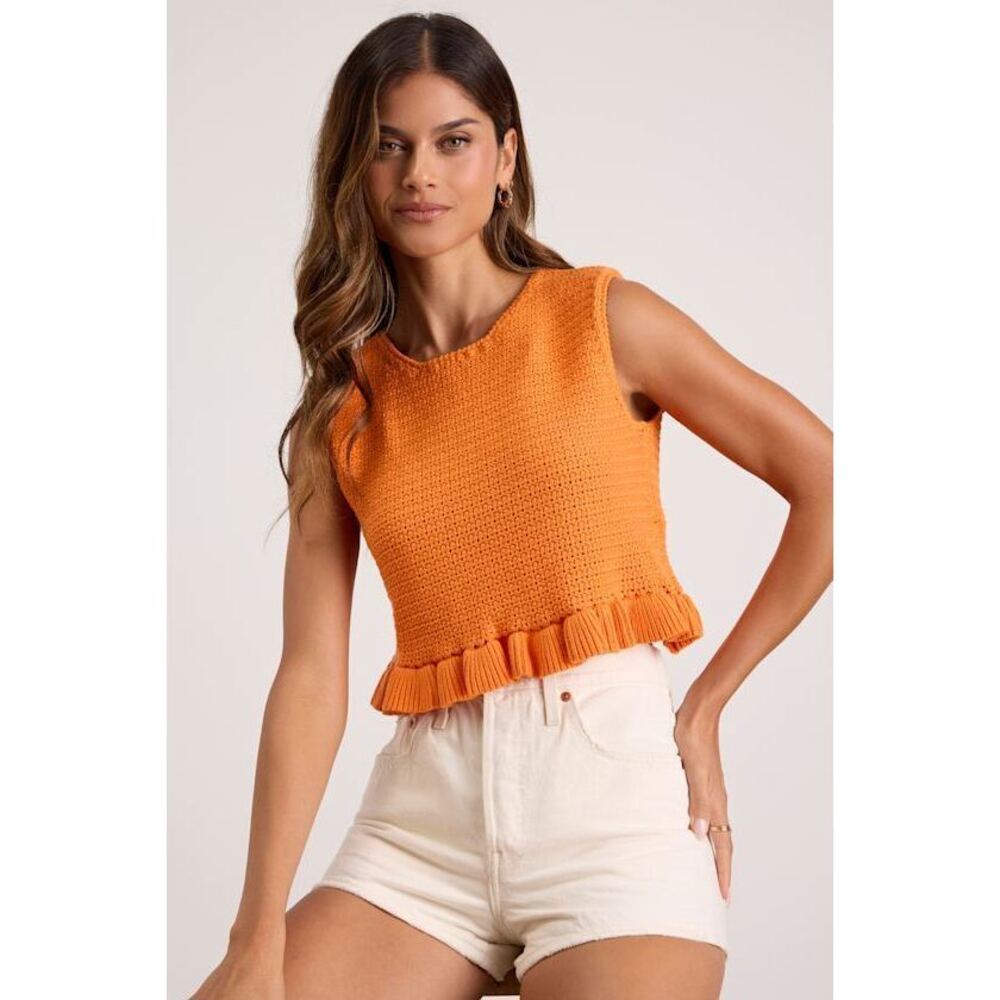 Lulus Flouncin' Around Orange Cropped Ruffled Sweater Tank - Size XL